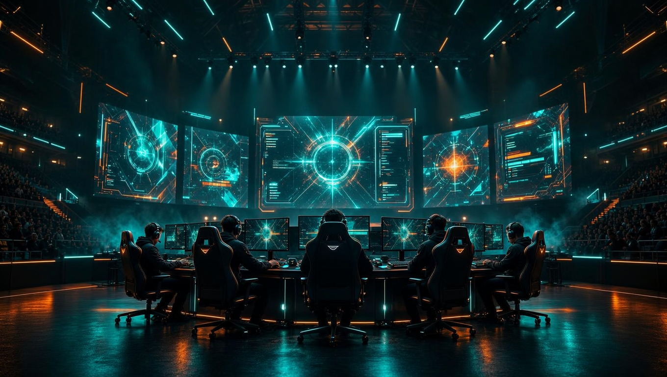 Esport aréna játékosokkal és nagy képernyővel